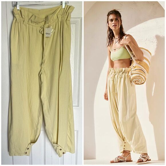 New Free People Paper Bag Waist Tapered Tie Waist Trousers Size XS Yellow 8-12 - Picture 2 of 16